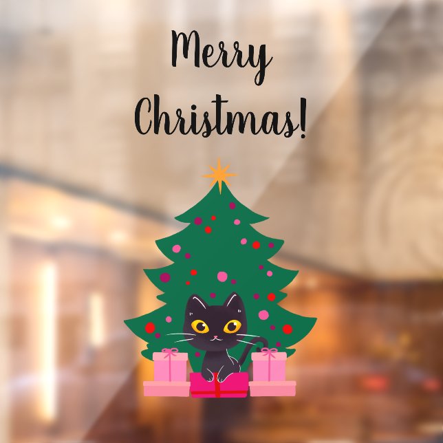 Cute Black Cat & XmasTree Merry Christmas Text  Window Cling (Sheet 2)