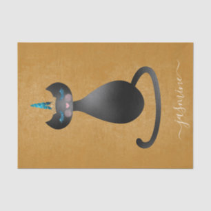 Cute Black Caticorn Gold Monogram Script Name Tissue Paper