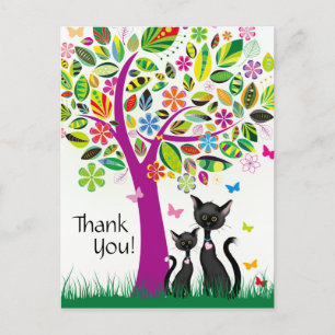 Cute Black Cats and Colourful Flower Tree Thank Yo Postcard