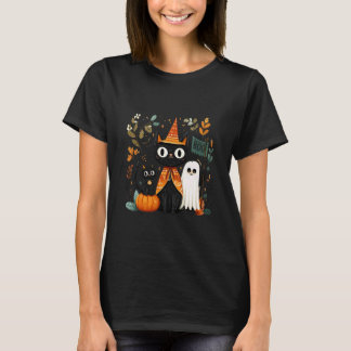 Cute Black Cats and Ghost Friends Whimsical Hallow T-Shirt