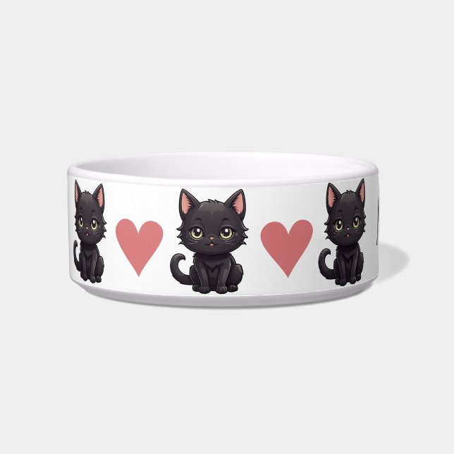 Cute Black Cats and Hearts Personalize Bowl (Left)