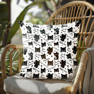 Cute Black Cats and Sayings Pattern Throw Pillow