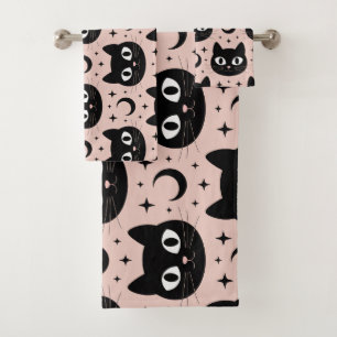 Cute Black Cats & Celestial Halloween Bath Towel Set