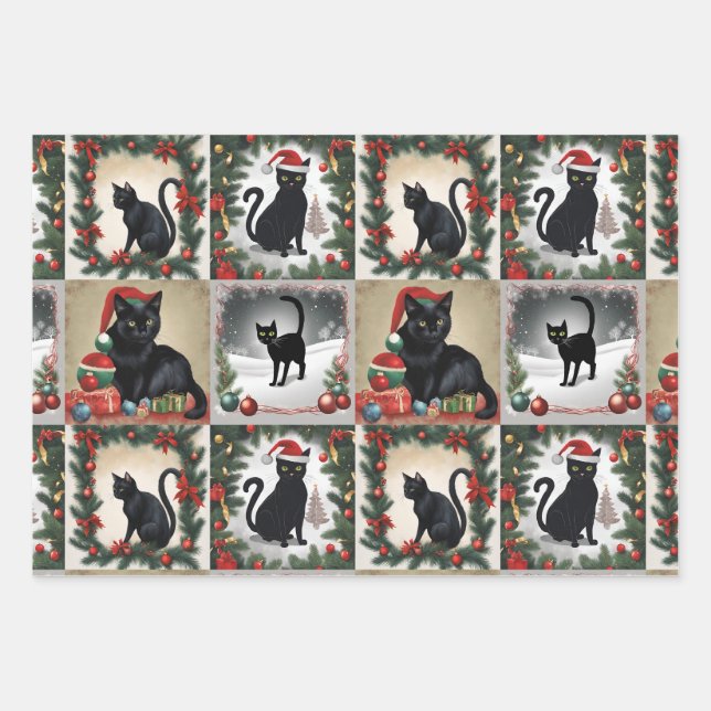 Cute Black Cats Christmas Collage for Cat Lovers Wrapping Paper Sheet (Front)