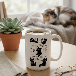 Cute Black Cats Doodles Pattern Kawaii Meow Coffee Mug