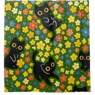 Cute Black Cats Floral Meadow Pattern