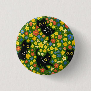Cute Black Cats Floral Meadow Pattern 1 Inch Round Button