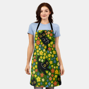 Cute Black Cats Floral Meadow Pattern Apron