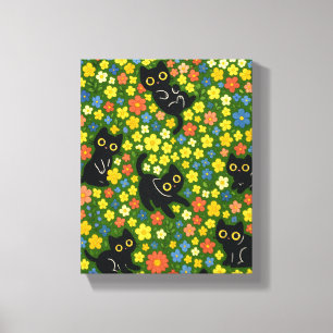 Cute Black Cats Floral Meadow Pattern Canvas Print