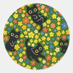 Cute Black Cats Floral Meadow Pattern Classic Round Sticker