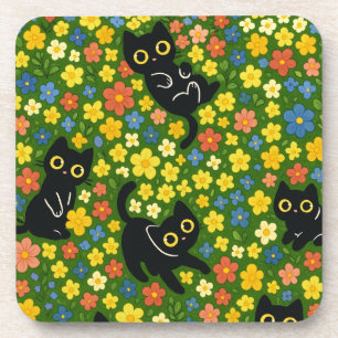 Cute Black Cats Floral Meadow Pattern Coaster