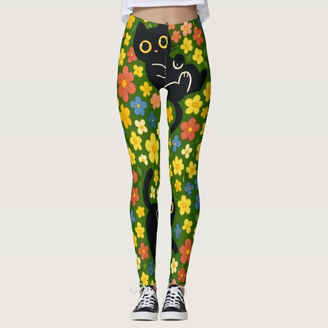 Cute Black Cats Floral Meadow Pattern Leggings (Front)