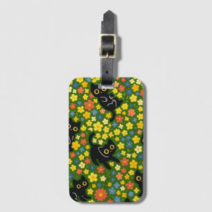 Cute Black Cats Floral Meadow Pattern Luggage Tag