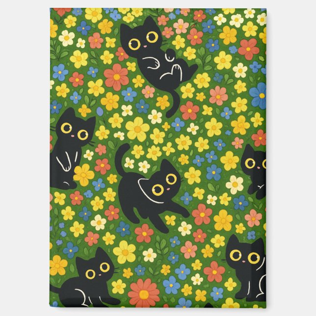 Cute Black Cats Floral Meadow Pattern Magnet (Front)