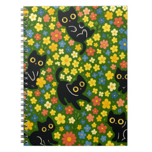 Cute Black Cats Floral Meadow Pattern Notebook