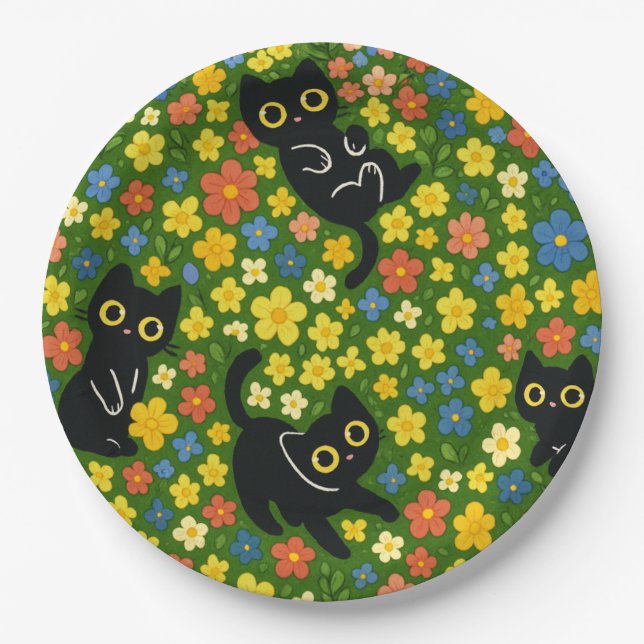 Cute Black Cats Floral Meadow Pattern Paper Plate (Front)