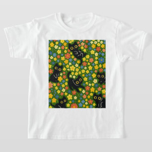 Cute Black Cats Floral Meadow Pattern T-Shirt