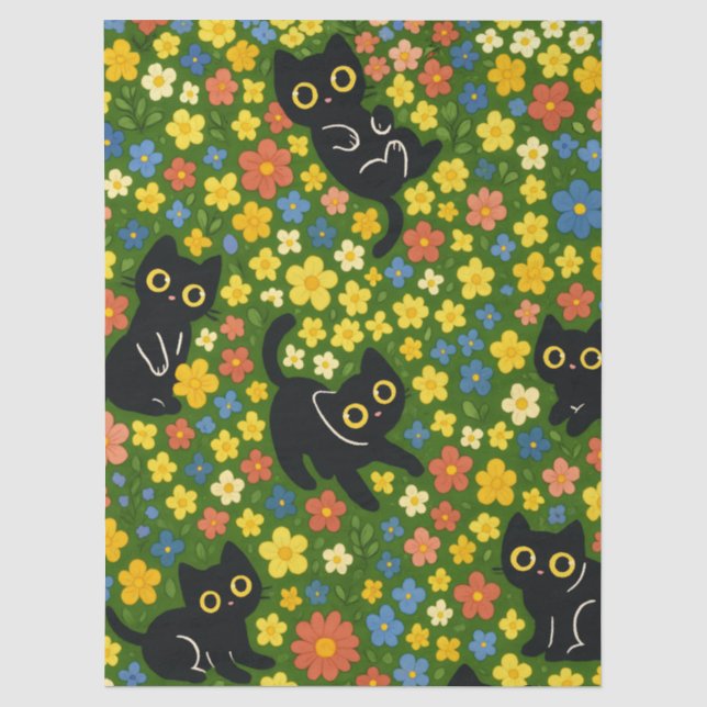 Cute Black Cats Floral Meadow Pattern Tissue Paper (Front)