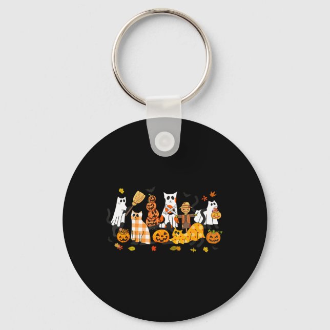 Cute Black Cats Ghost Halloween Pumpkin Cat Lover Keychain (Front)