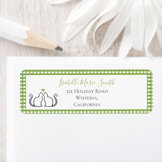 Cute Black Cats Green Heart Gingham Border White (Insitu)