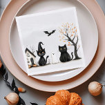 Cute Black Cats Halloween Party Napkin<br><div class="desc">Add a touch of spooky sweetness to your Halloween table with these Cute Black Cats Halloween Party Napkins! Featuring two charming black cats in witch hats, a friendly ghost, pumpkins, and a whimsical haunted house, these napkins are perfect for creating a festive yet non-scary Halloween vibe. Ideal for kids’ parties,...</div>