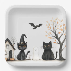 Cute Black Cats Halloween Party Paper Plate