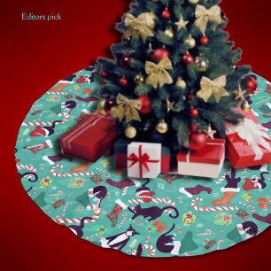 Cute Black Cats In Christmas Holiday Sweaters Brushed Polyester Tree Skirt