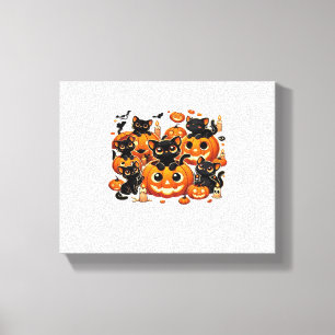 Cute Black Cats in Pumpkins Halloween Night Artwor Canvas Print