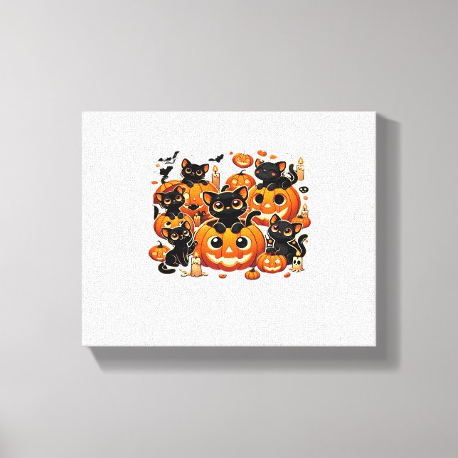 Cute Black Cats in Pumpkins Halloween Night Artwor Canvas Print (Front)