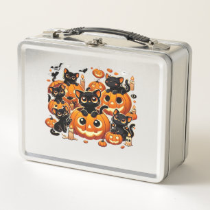 Cute Black Cats in Pumpkins Halloween Night Artwor Metal Lunch Box