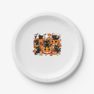 Cute Black Cats in Pumpkins Halloween Night Artwor Paper Plate