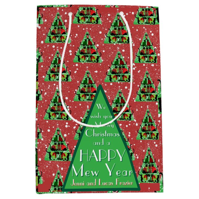 Cute Black Cats in Sweaters Christmas Tree Red  Medium Gift Bag (Front)