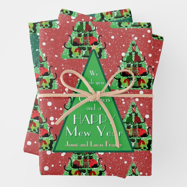 Cute Black Cats in Sweaters Christmas Tree Red  Wrapping Paper Sheet (In situ)