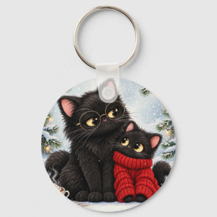 Cute Black Cats Ornament, Kawaii Cat Couple Round Keychain