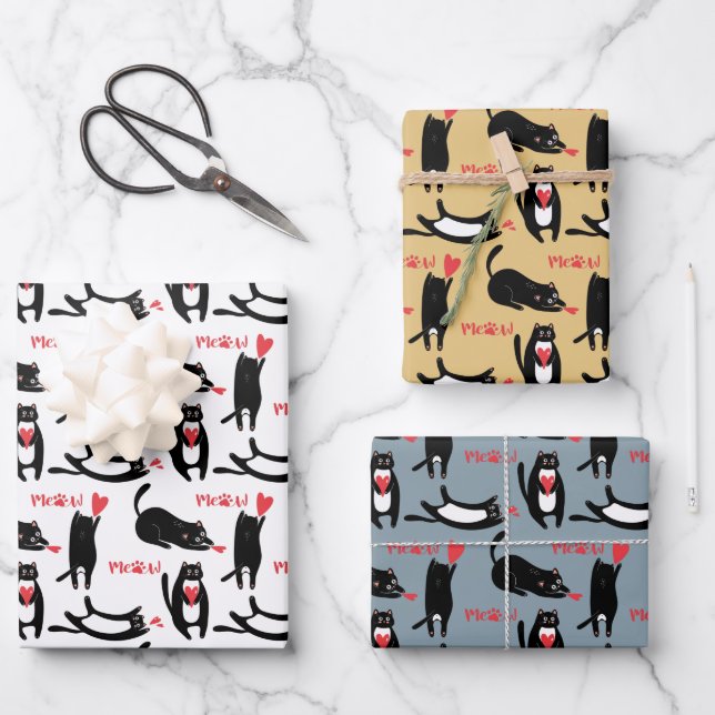 Cute black cats playing with hearts and meow wrapping paper sheet (Front)