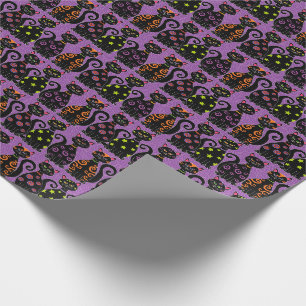 Cute Black Cats Purple Whimsical Halloween Pattern Wrapping Paper