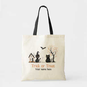 Cute Black Cats Trick or Treat Custom Name Tote Bag