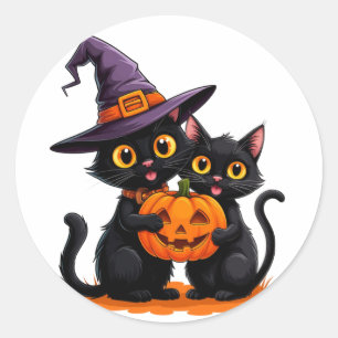 Cute Black Cats Witch Pumpkin Halloween 🐈⬛ Classic Round Sticker