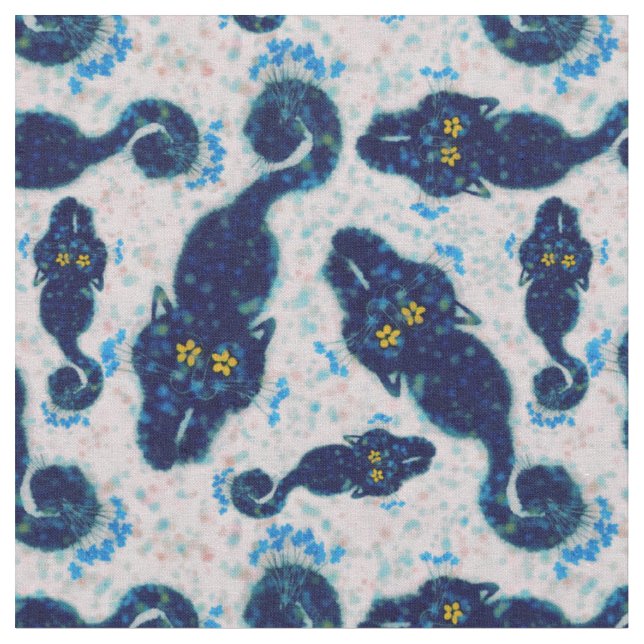 Cute Black Cats With Flowers Pattern Design Fabric (Close Up)