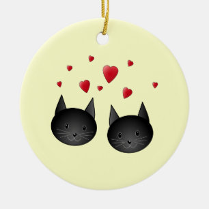 Cute Black Cats with Hearts, on cream. Ceramic Ornament