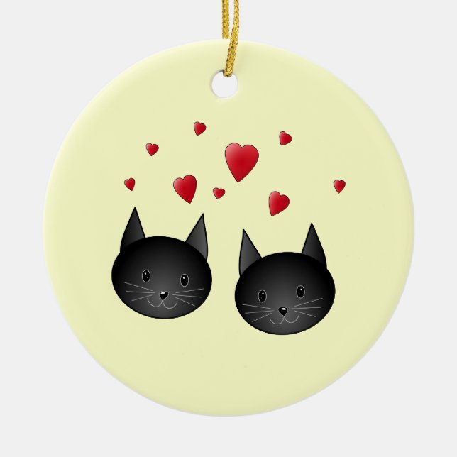 Cute Black Cats with Hearts, on cream. Ceramic Ornament (Front)