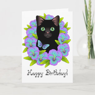 Cute Black Chat Floral Magic Bonne carte d'anniver
