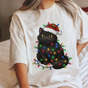Cute Black Christmas Cat Tangled In Lights Tri-Blend Shirt