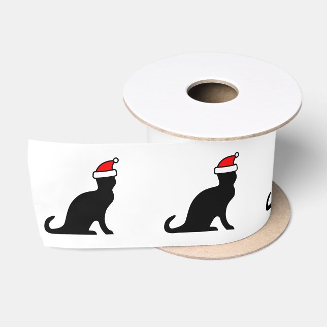 Cute black Christmas cat with red Santa Claus hat Satin Ribbon (Spool)