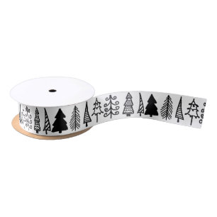 Cute Black Christmas Trees Drawing Holiday Pattern Satin Ribbon