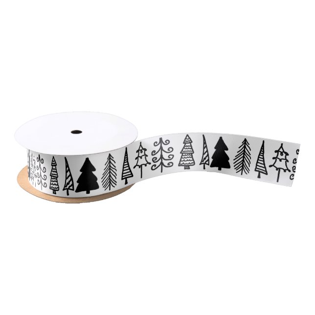 Cute Black Christmas Trees Drawing Holiday Pattern Satin Ribbon (Spool)