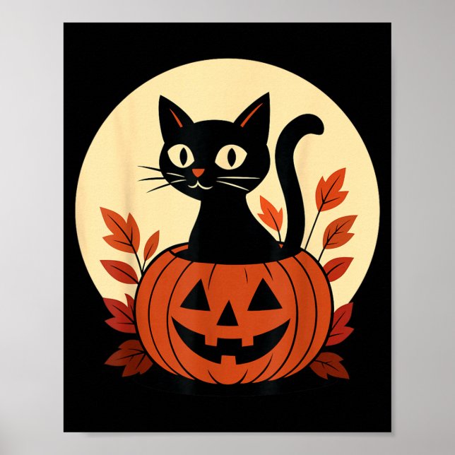 Cute Black Colour Cat And Jack O Lantern Pumpkin Poster (Front)