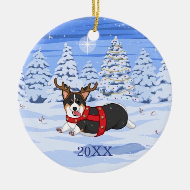 Cute Black Corgi Christmas Reindeer Costume Ceramic Ornament (Front)