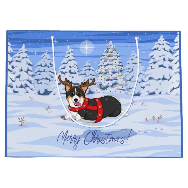 Cute Black Corgi Christmas Reindeer Costume Large Gift Bag (Front)