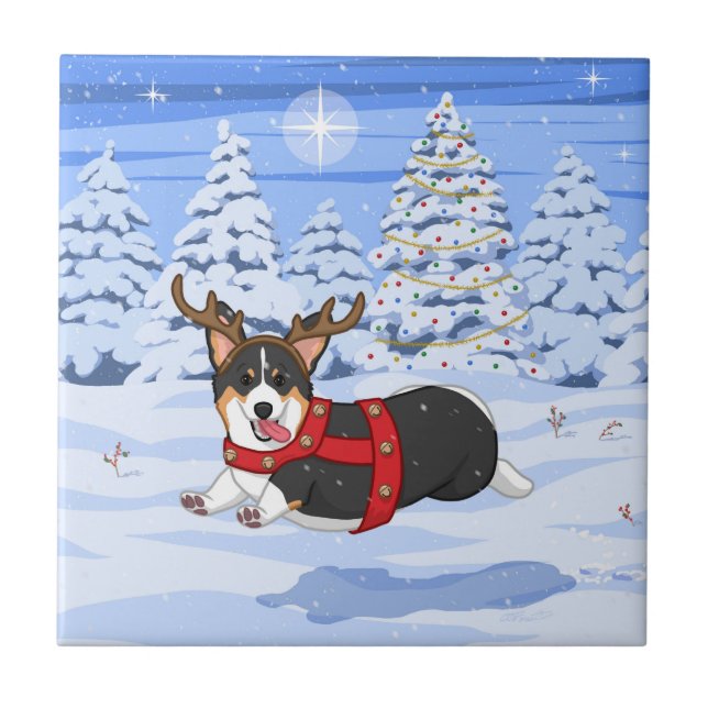 Cute Black Corgi Christmas Reindeer Costume Tile (Front)